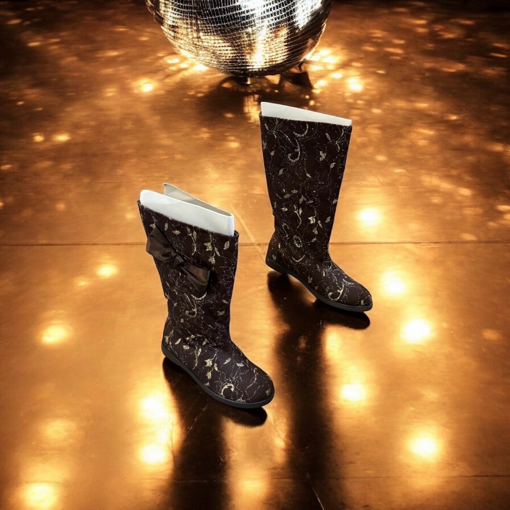 Joan Boyce Brown Boots w/Gold Embroidered Design & Brown Satin Bow Sz-9.5 W NWOB - Picture 4 of 16